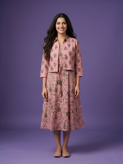 Pink Round Neck Cotton Kurta  With Crop Jacket