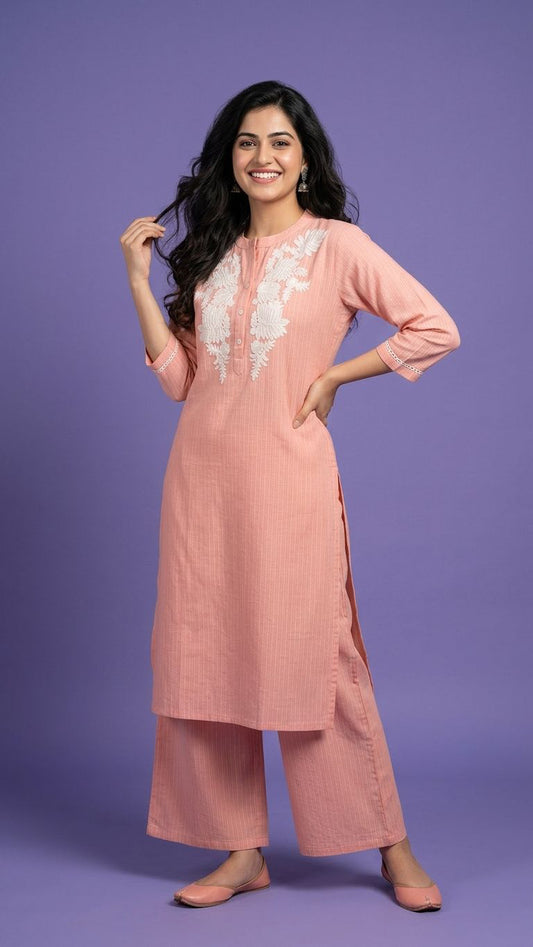 Pink Mandarin Neck Cotton Cord Set