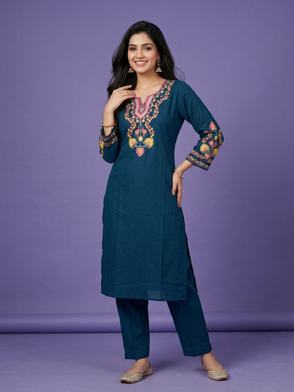 Blue Round V Neck Cotton Linen Kurta Set