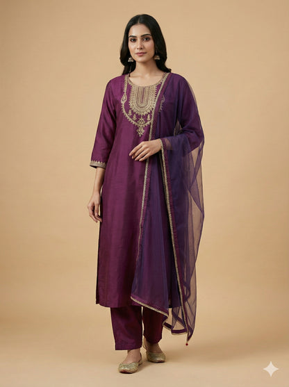 Purple Round Neck Silk Kurta Set with Dupatta