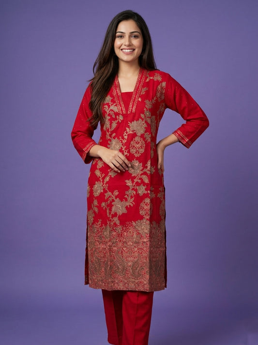 Red High V Neck Viscose Cord Set