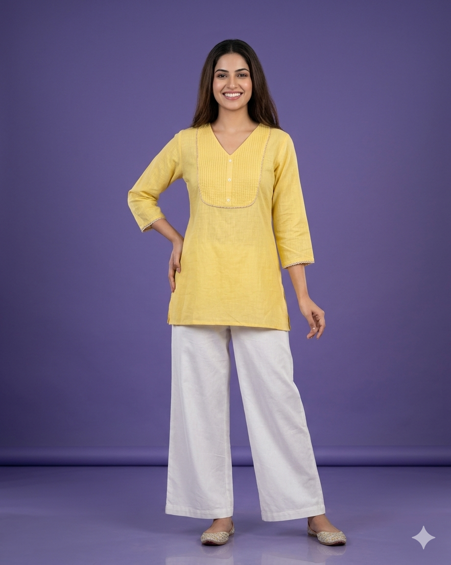 Yellow V Neck Cotton Short Kurta