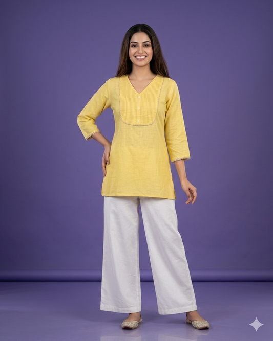 Yellow V Neck Cotton Short Kurta