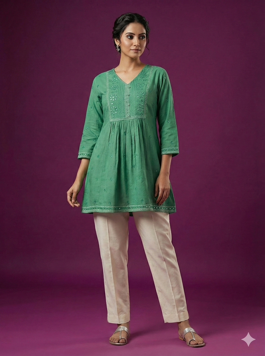 Green V neck Cotton Short Kurta