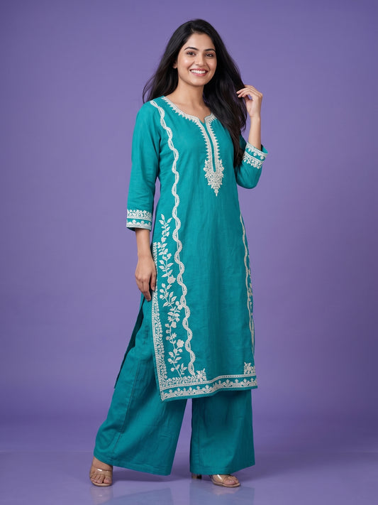 Green V Neck Cotton Kurta Set