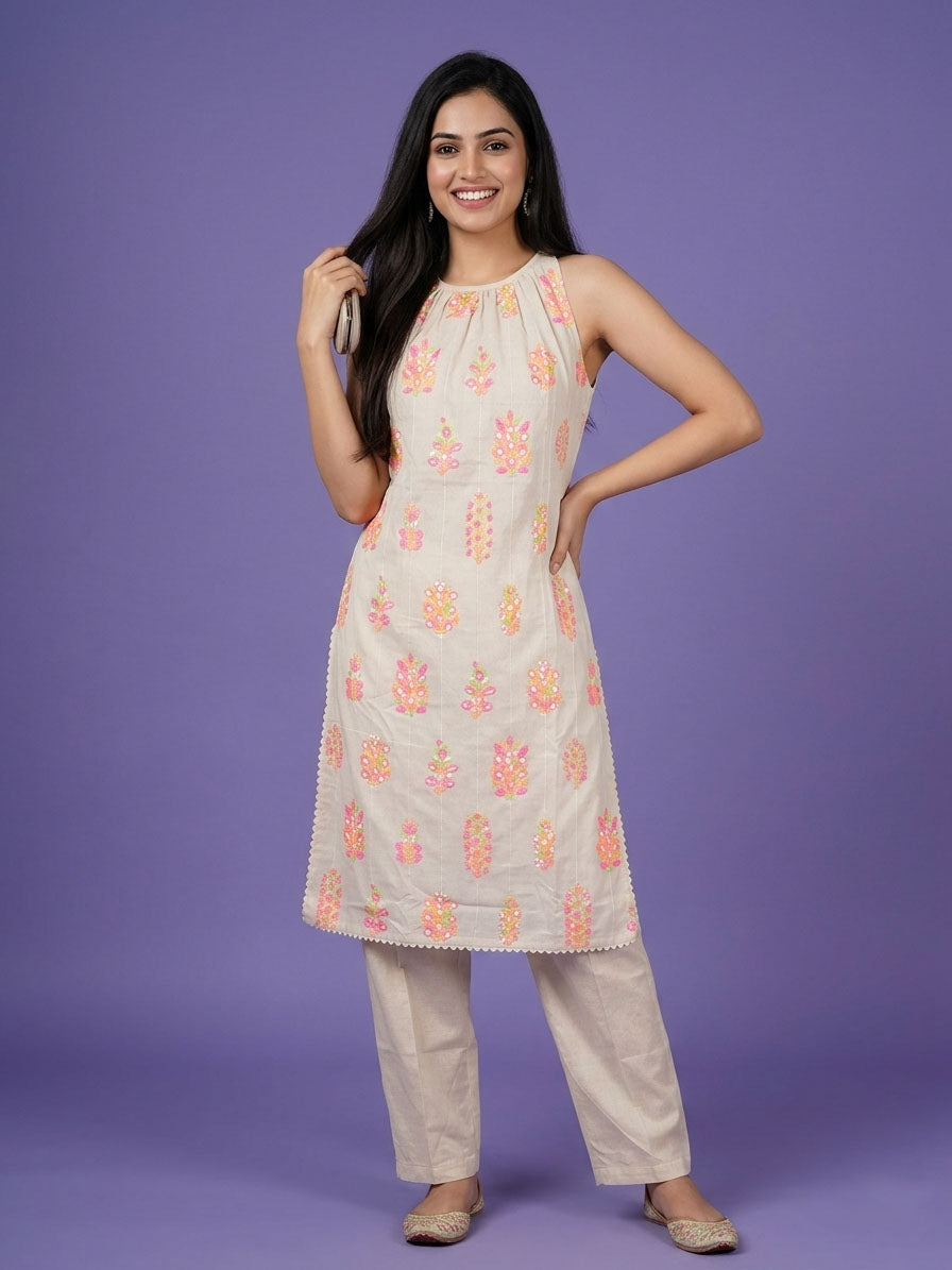 Ivory Round Neck Cotton Cord Set