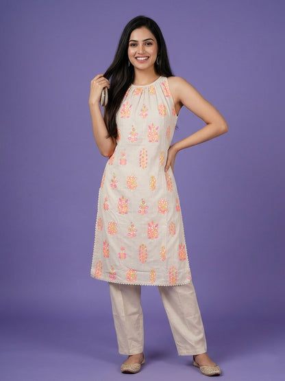 Ivory Round Neck Cotton Cord Set