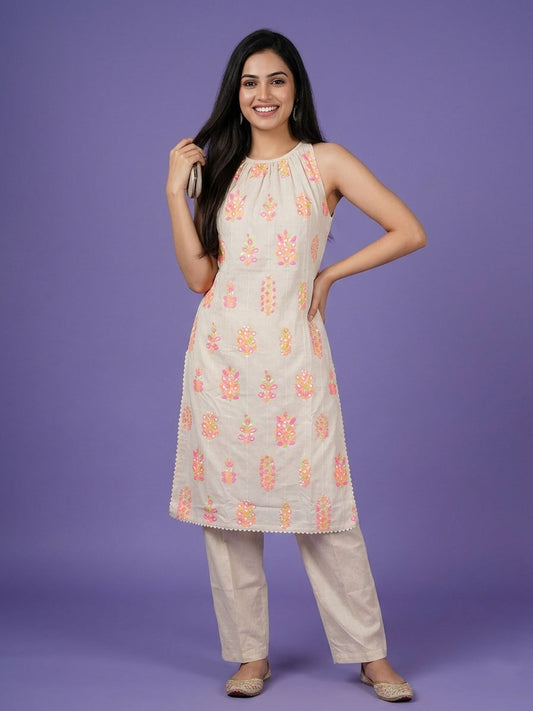 Ivory Round Neck Cotton Cord Set