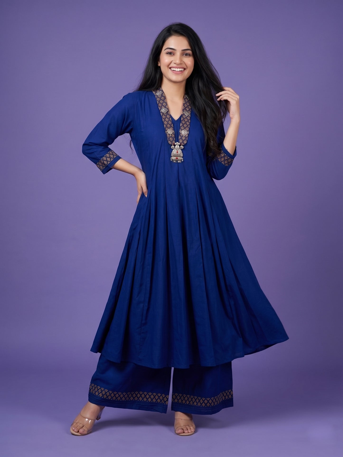 Blue V Neck Silk Cord Set