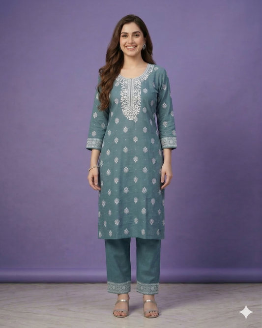 Blue Round Neck Cotton Kurta
