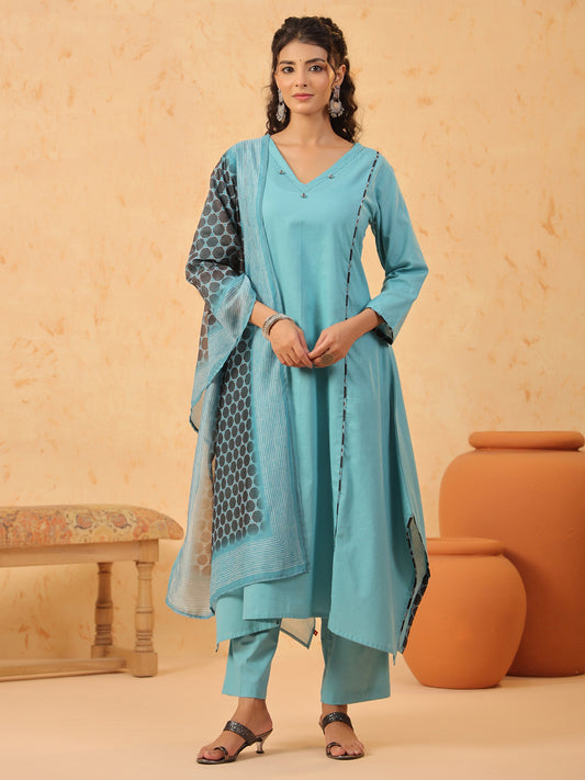 Green V Neck Cotton Kurta Set with Dupatta