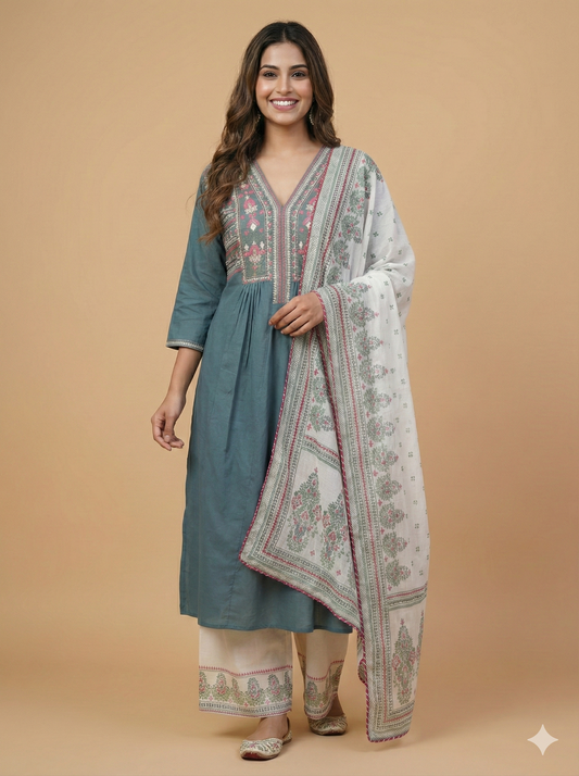 Blue V Neck Cotton Kurta