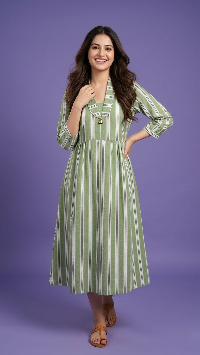 Green Deep V Neck Cotton Striped Kurta