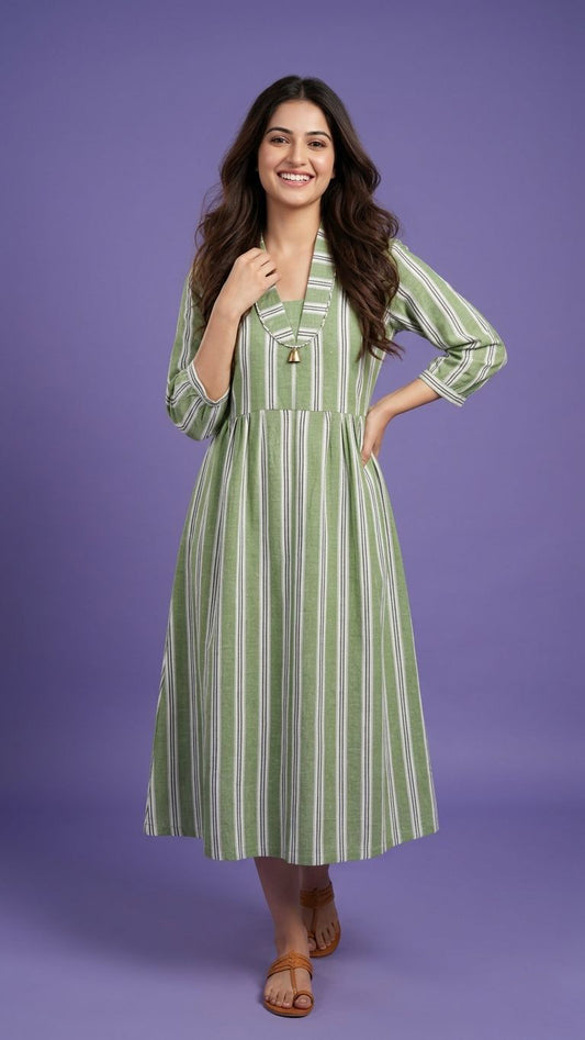 Green Deep V Neck Cotton Striped Kurta