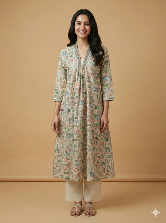 Ivory Deep-V Cotton Kurta