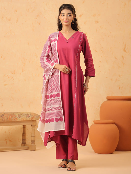 Pink V Neck Cotton Kurta Set with Dupatta