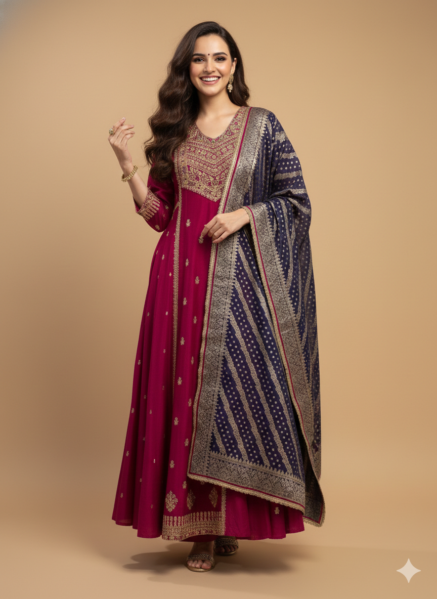 Pink V Neck Silk Kurta Set with Dupatta