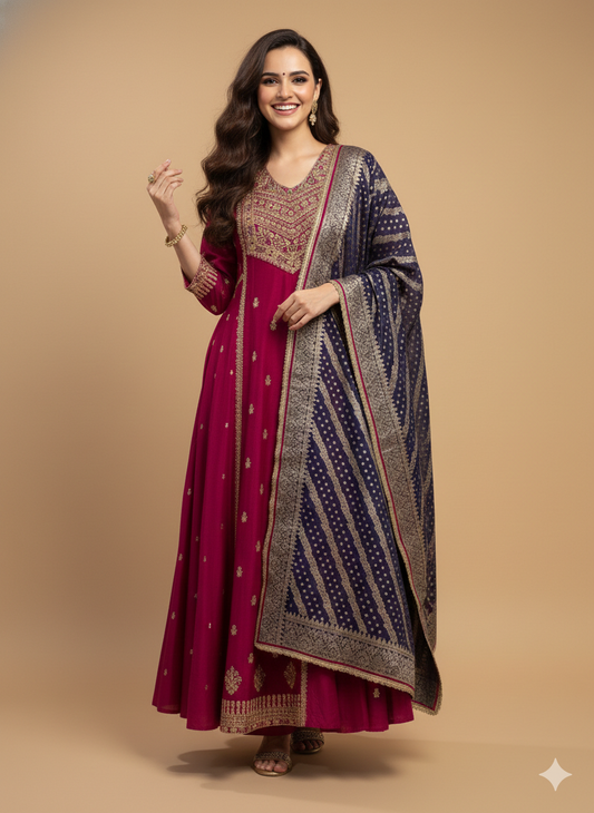 Pink V Neck Silk Kurta Set with Dupatta