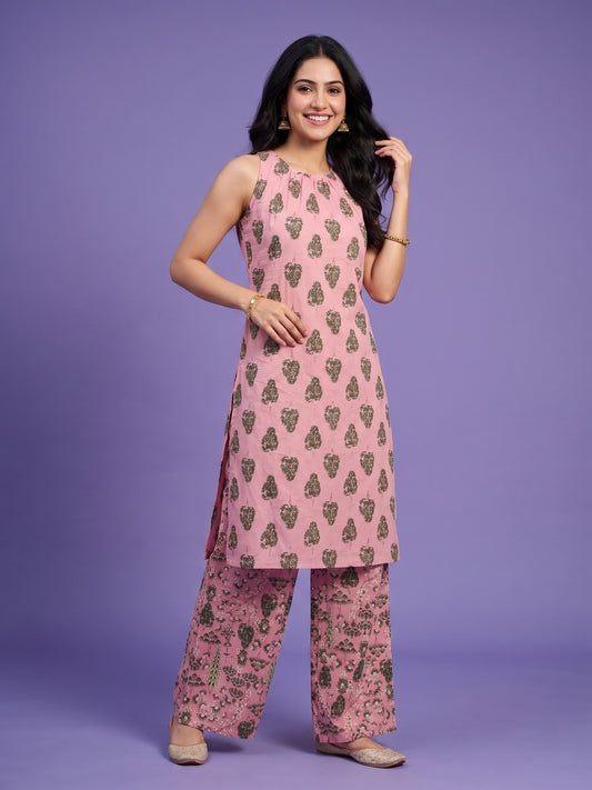 Pink Round Neck Cotton Cord Set