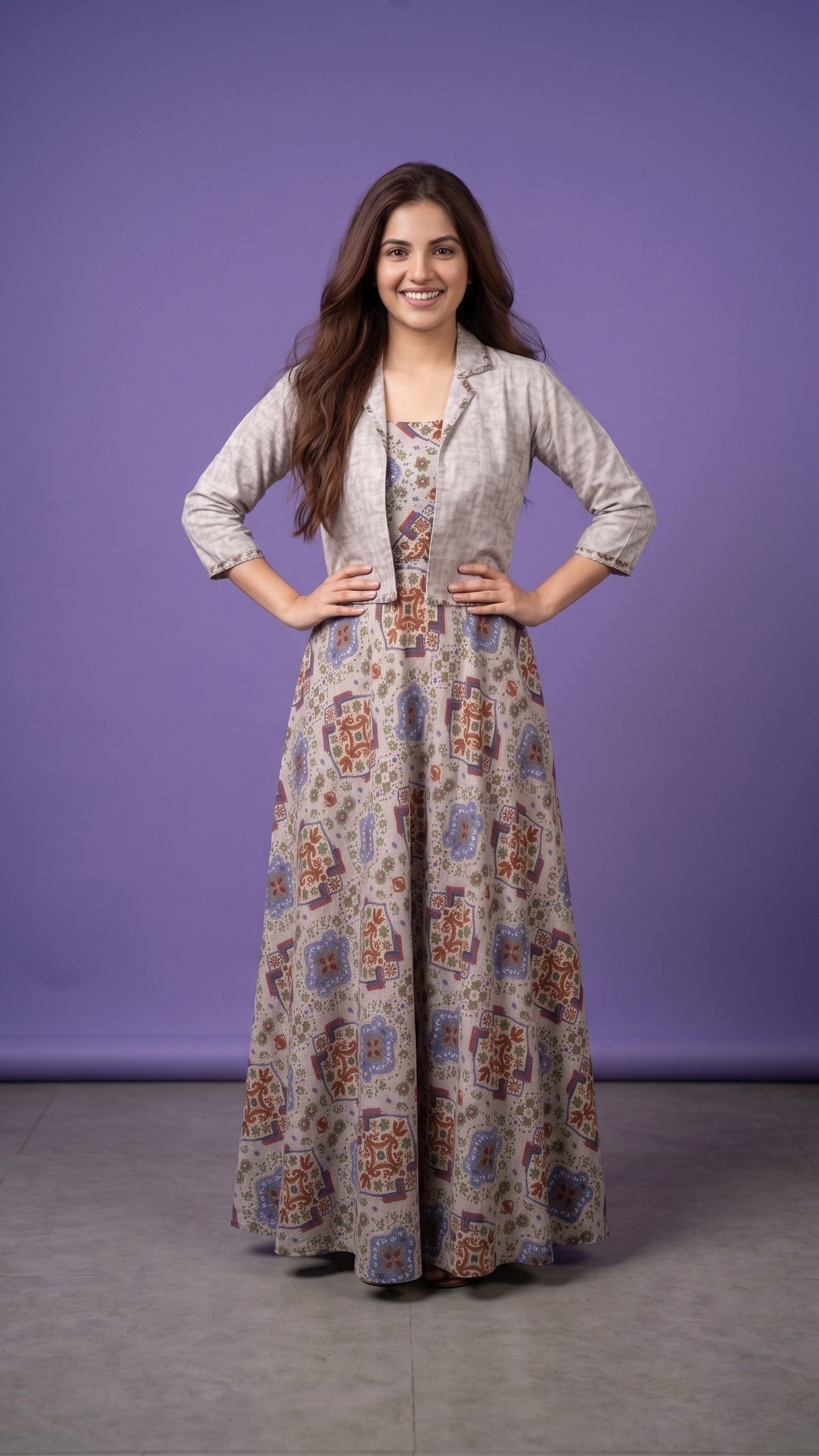 G Pruple Notched Collar Cotton Mulmul Gown With Crop Jacket