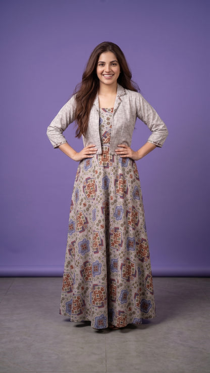 G Pruple Notched Collar Cotton Mulmul Gown With Crop Jacket