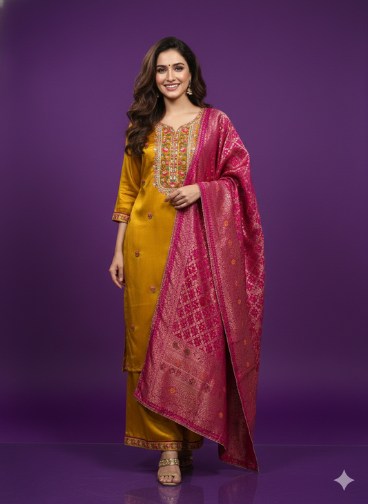 Yellow V-Neck Gaji Silk Kurta Set with Dupatta