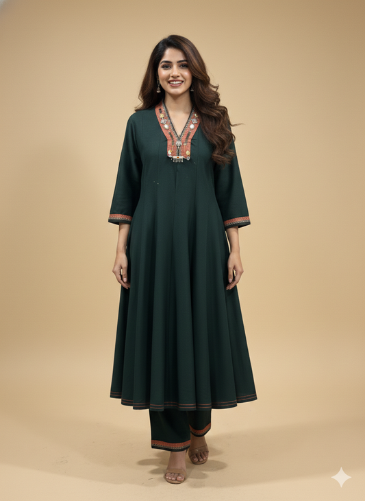 Green V Neck Silk Kurta Set