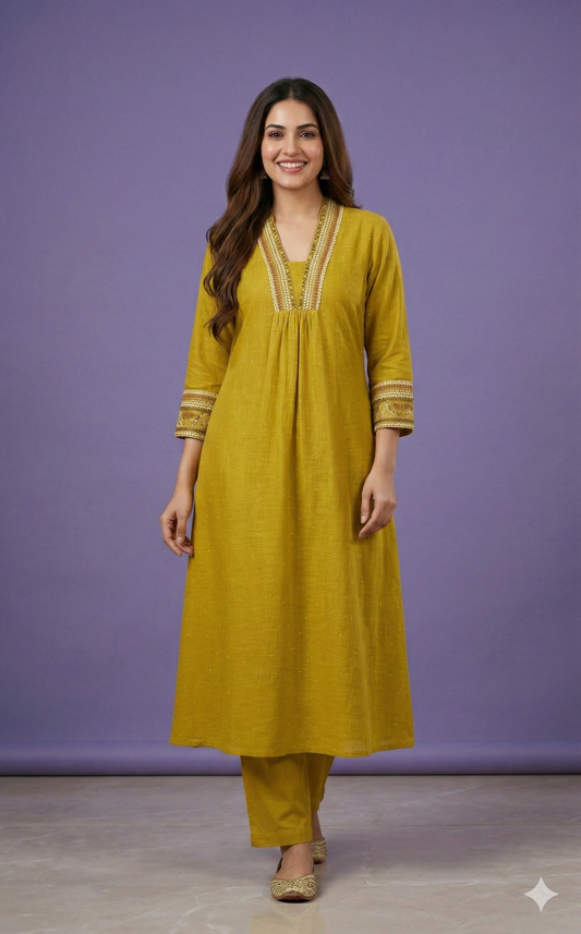 Yellow Deep-V Cotton Kurta