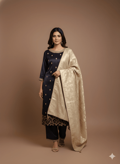 Purple Round neck Gazi Silk Kurta set with dupatta