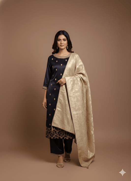 Purple Round neck Gazi Silk Kurta set with dupatta