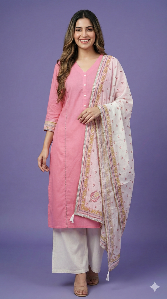 Pink V Neck Cotton Kurta