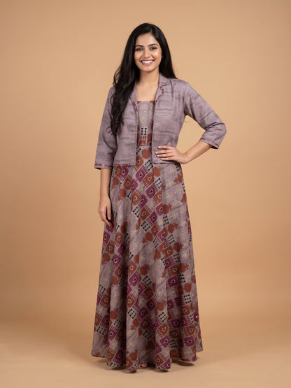 Grey Round Neck Cotton Mulmul Gown With Crop Jacket