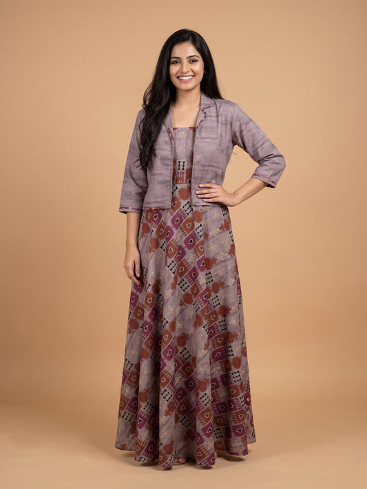 Grey Round Neck Cotton Mulmul Gown With Crop Jacket