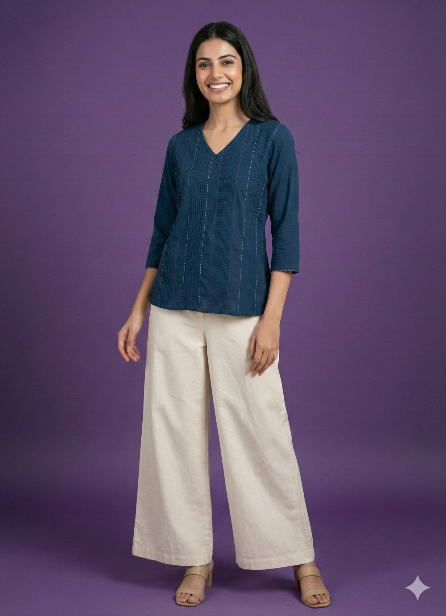 Blue V Neck Cotton Short Kurta