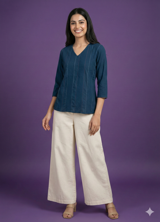 Blue V Neck Cotton Short Kurta