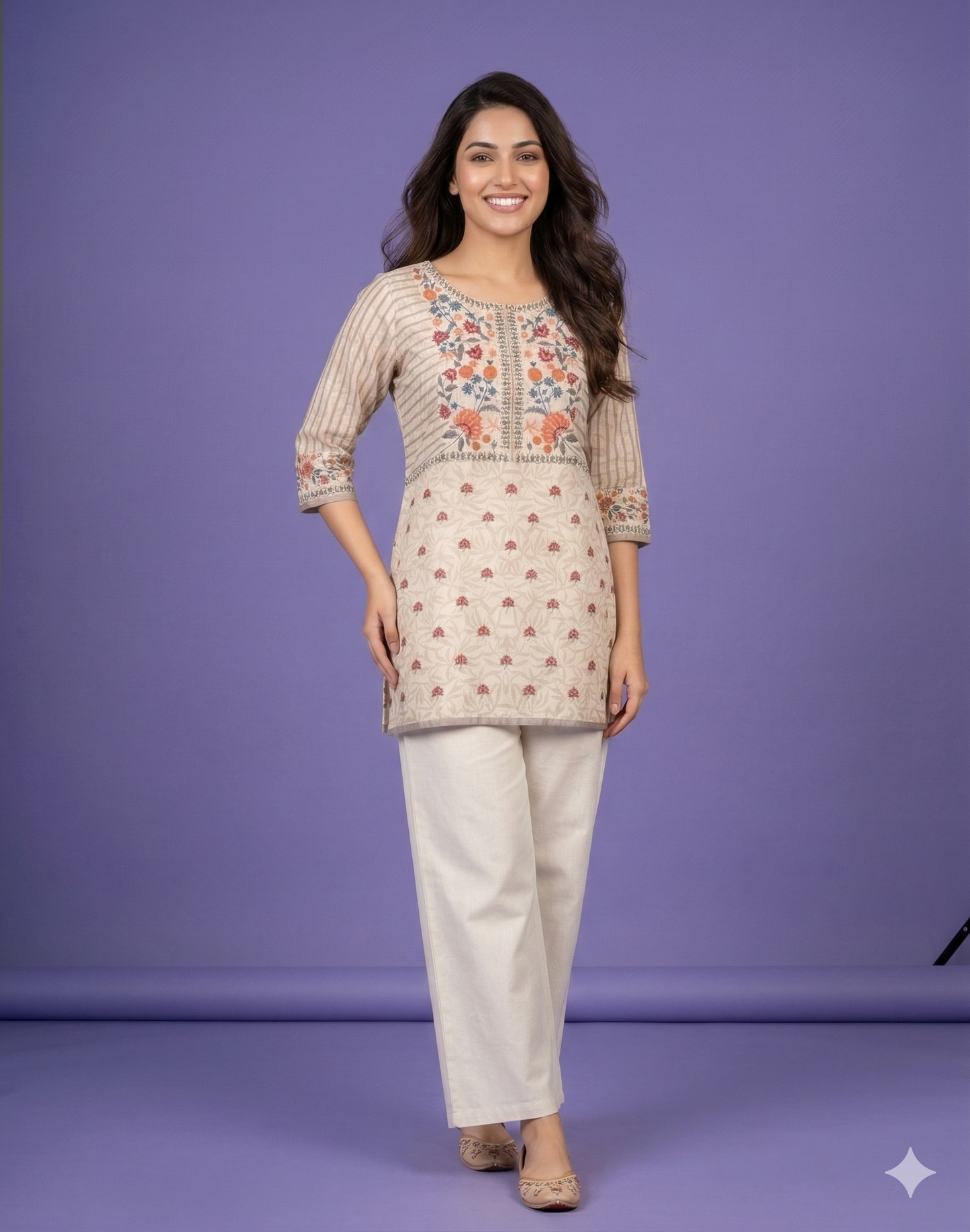 Ivory Round Neck Cotton Short Kurta