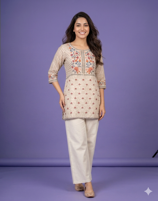 Ivory Round Neck Cotton Short Kurta