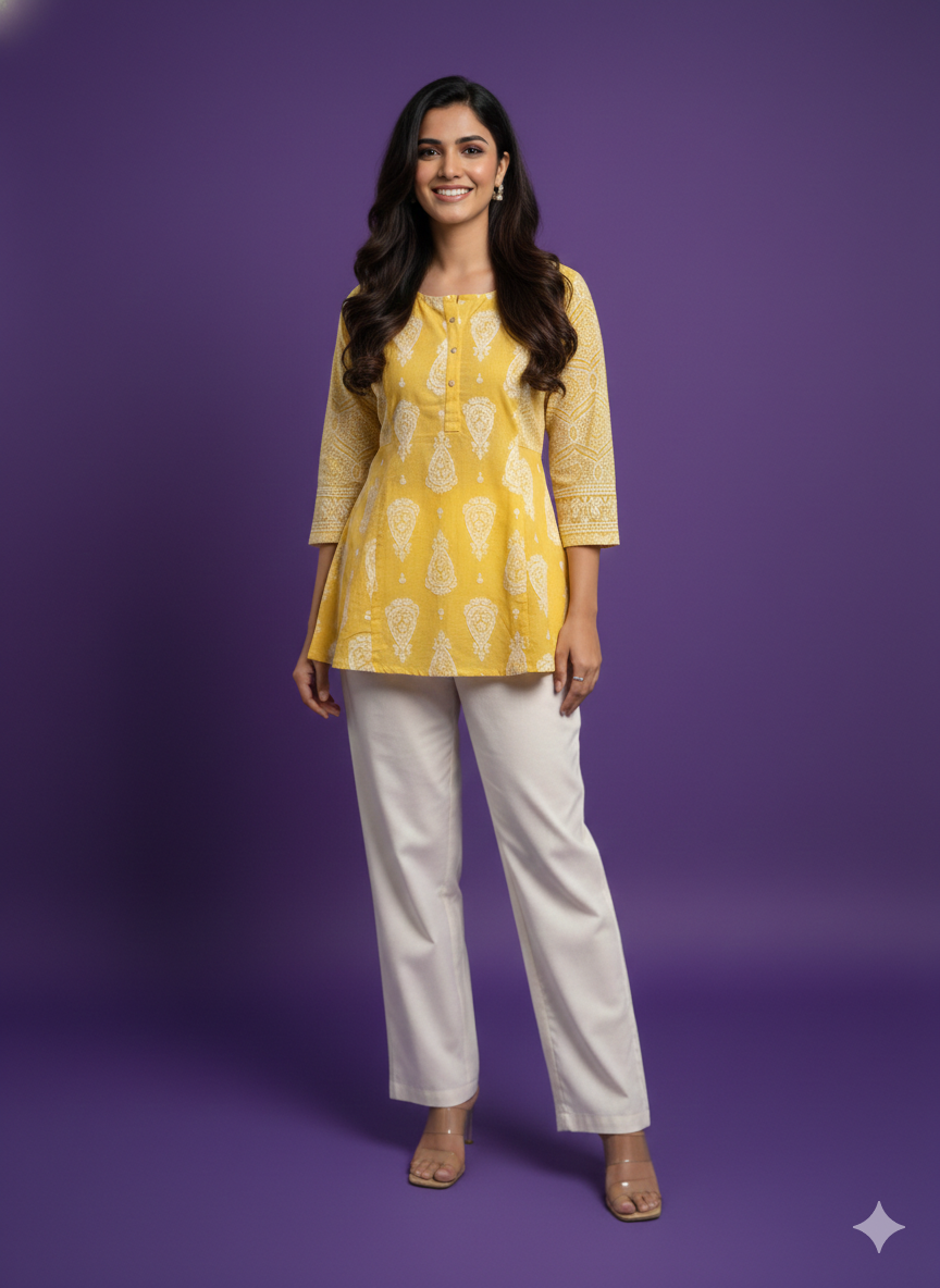 Yellow Mandarin Cotton Short Kurta