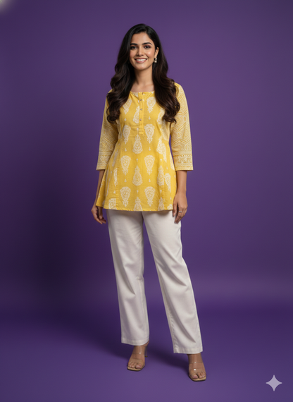 Yellow Mandarin Cotton Short Kurta