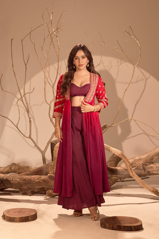 Pink V Neck Silk 2PCS Set with Shrug