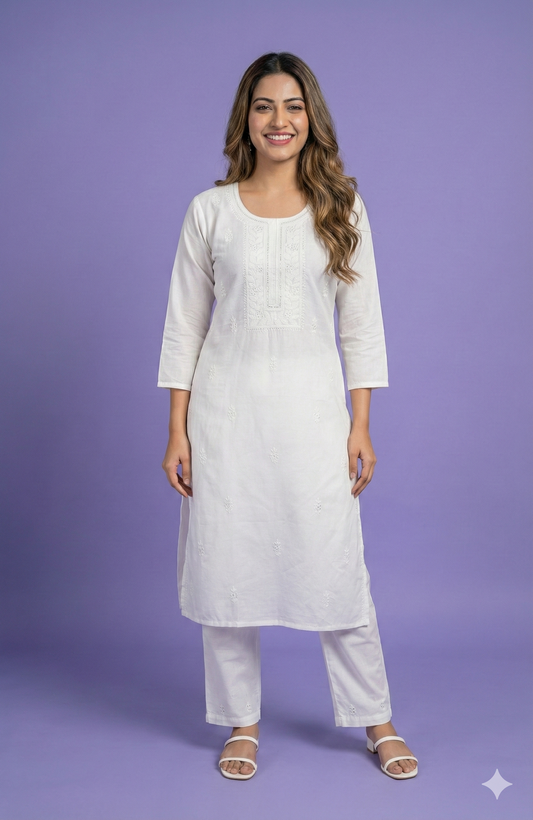 White Round Neck Silk Kurta