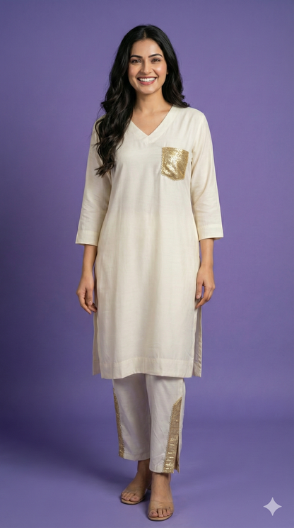 White V Neck Silk Cord Set