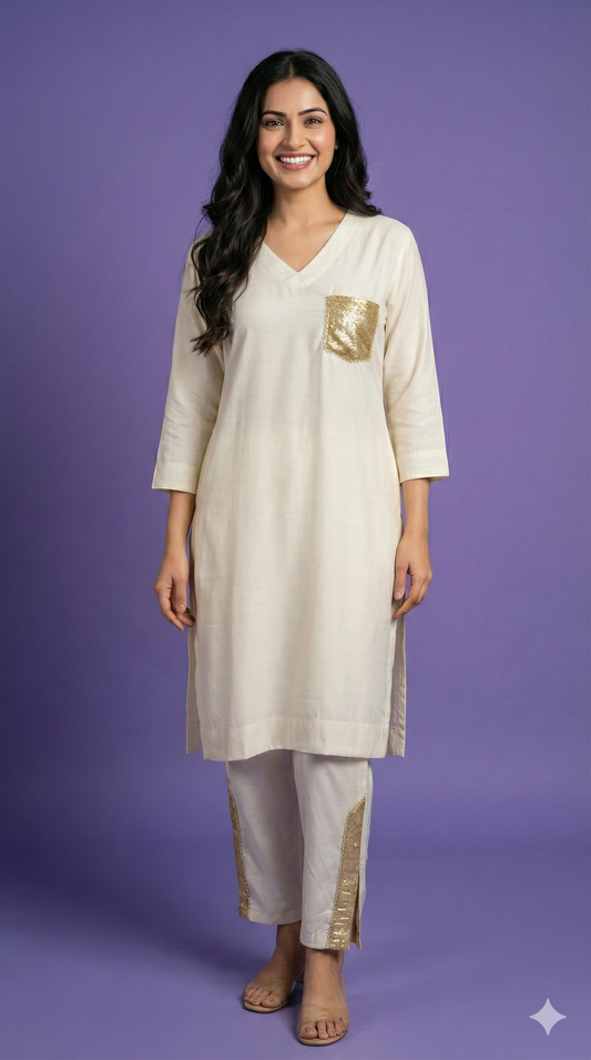 White V Neck Silk Cord Set