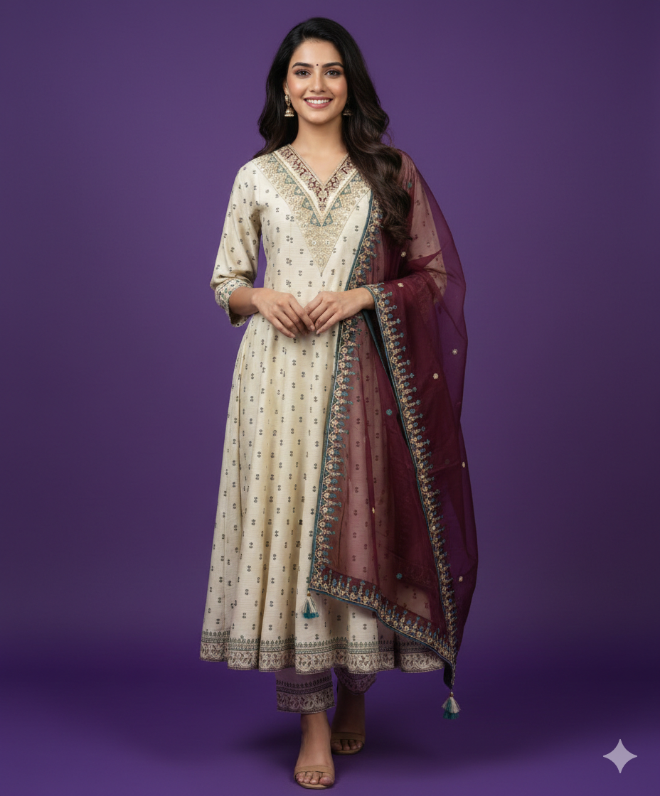 Ivory V Neck Silk Kurta Set with Dupatta