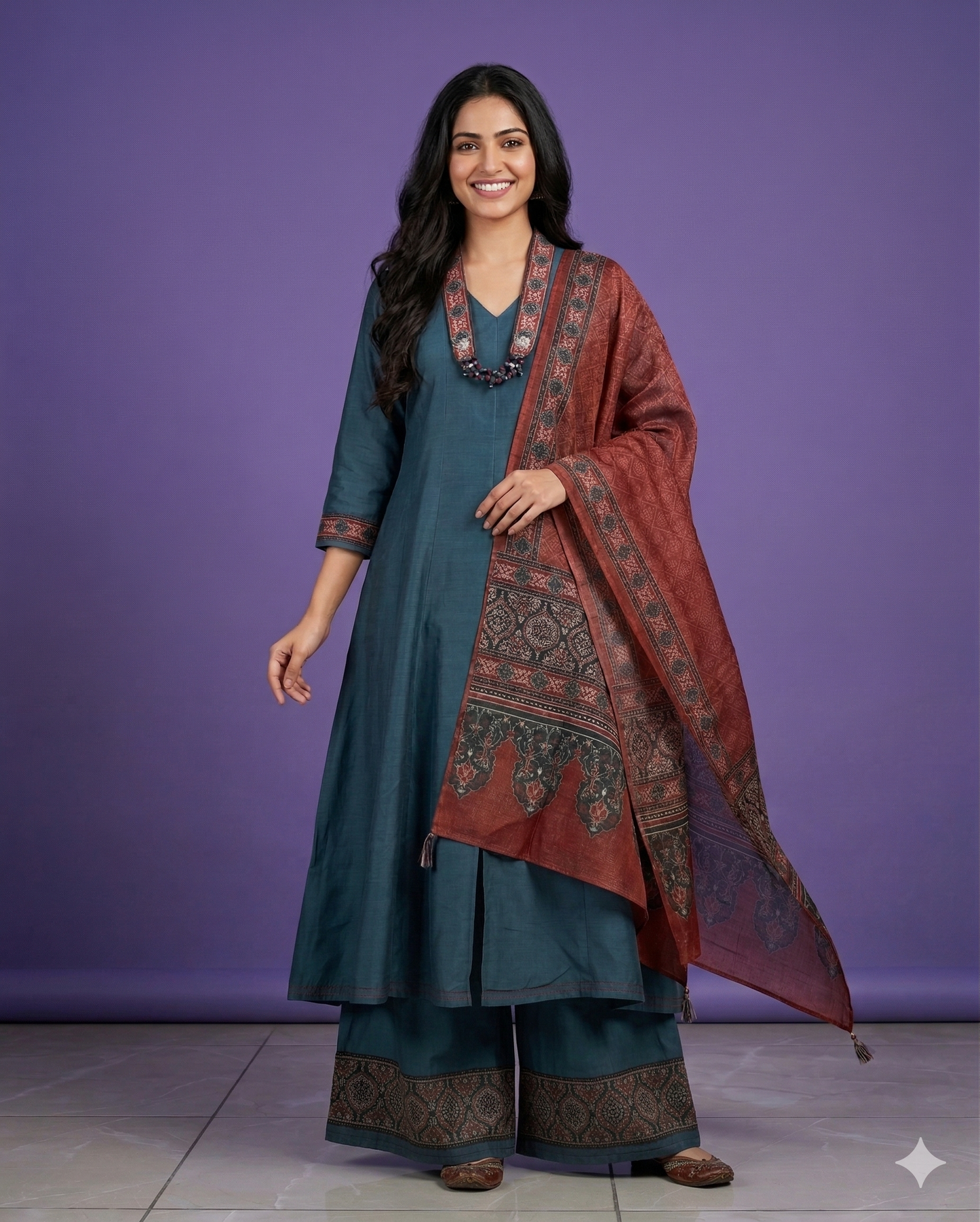 Green V Neck Silk Kurta Set with Dupatta
