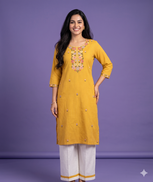 Yellow Round V Neck Cotton Cord Set