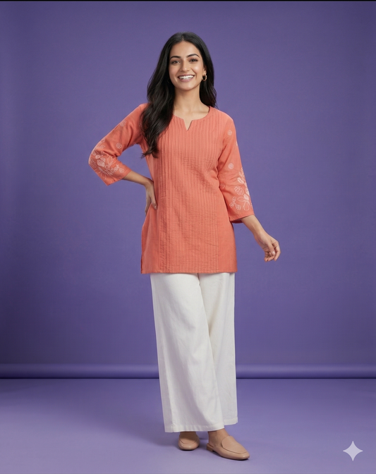 Orange Round V Neck Cotton Short Kurta