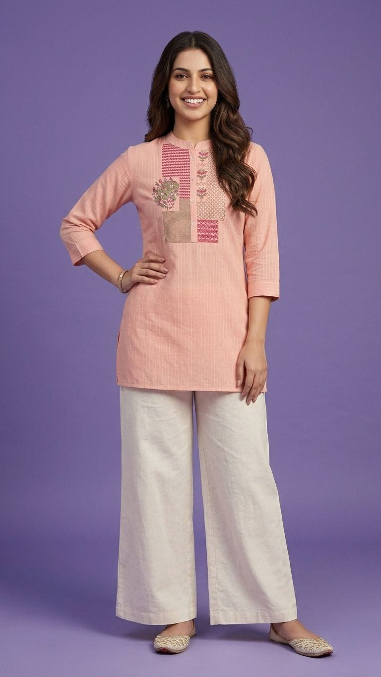 Pink Mandarin Neck Cotton Short Kurta