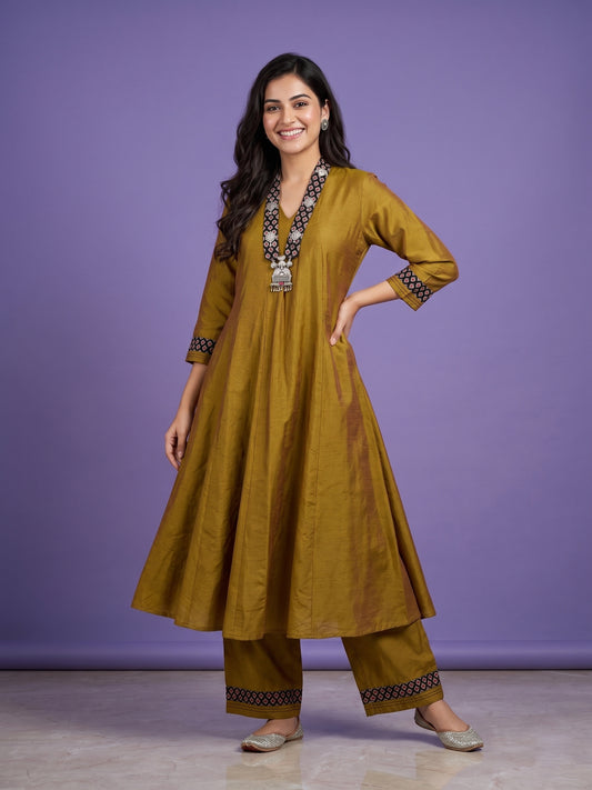 Green V Neck Silk Cord Set