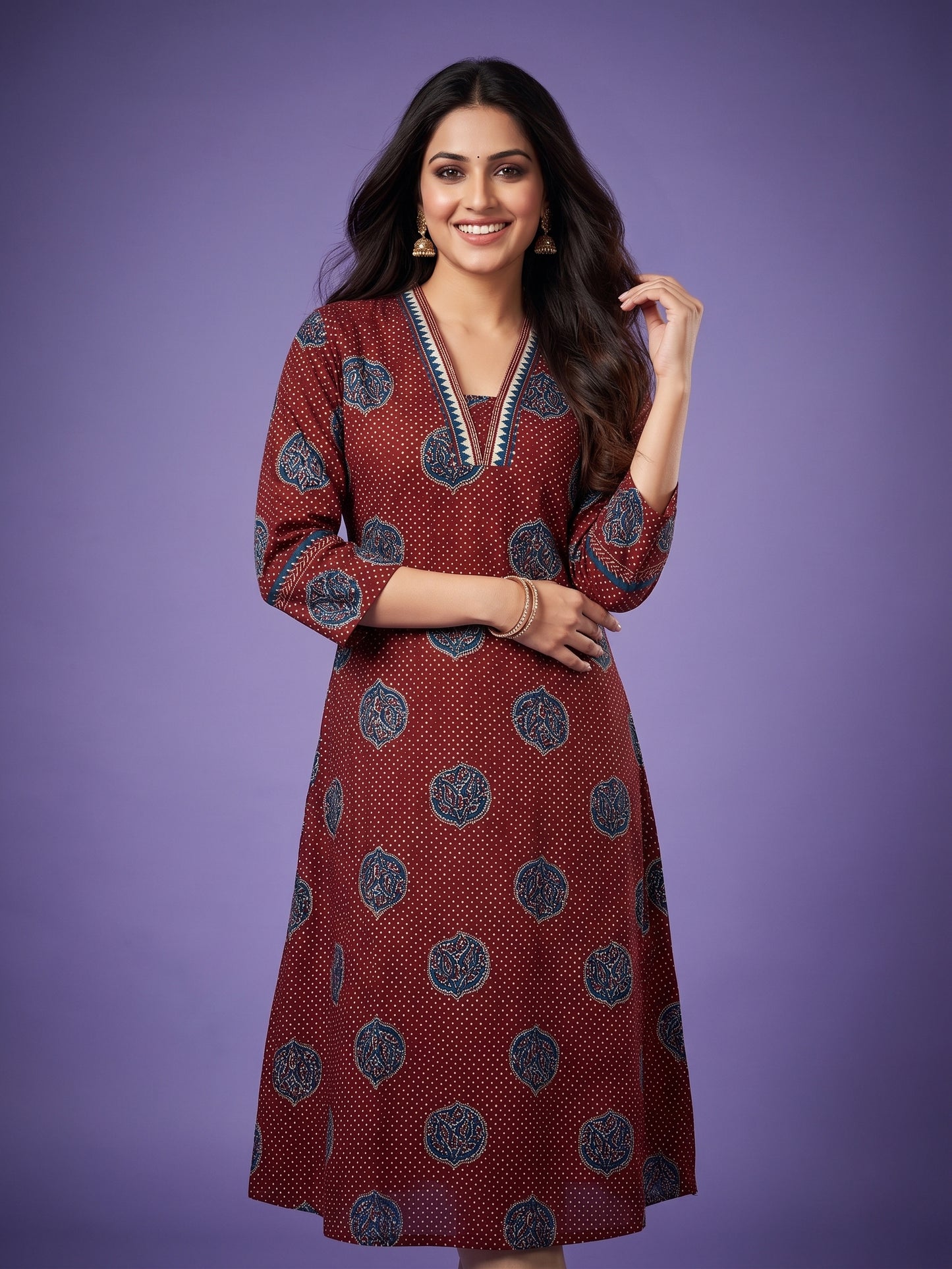 Red V Neck Cotton Kurta